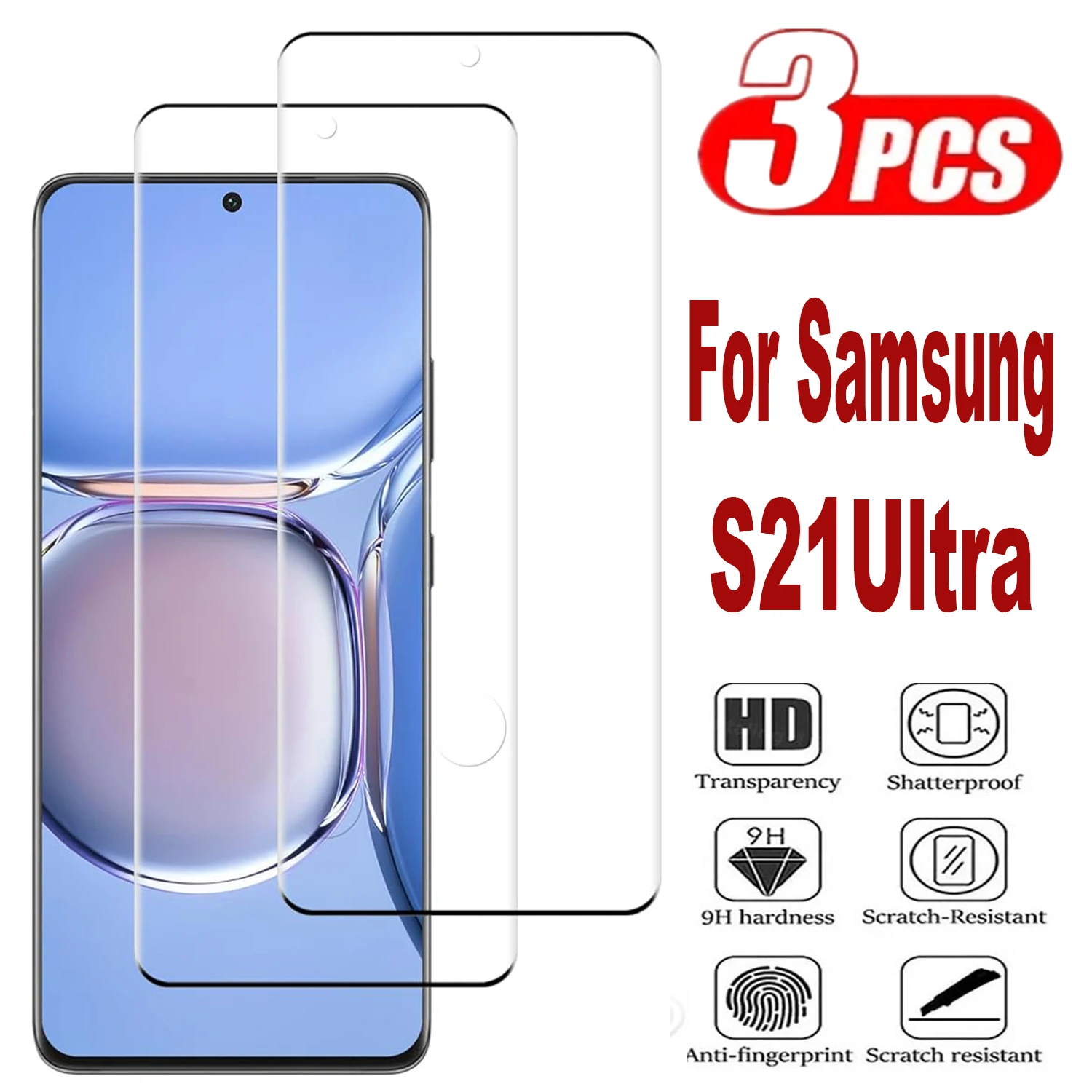 3Pcs 9H Curved Four Sides Glue Tempered Glass For Samsung Galaxy S21 Ultra 5G HD Screen Protector