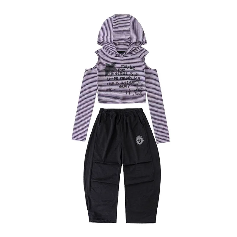 طفل Kpop الهيب هوب الملابس الأرجواني مخطط المحاصيل هوديي تي شيرت أسود عادية المظلة السراويل لفتاة الشارع أزياء رقص الملابس #6