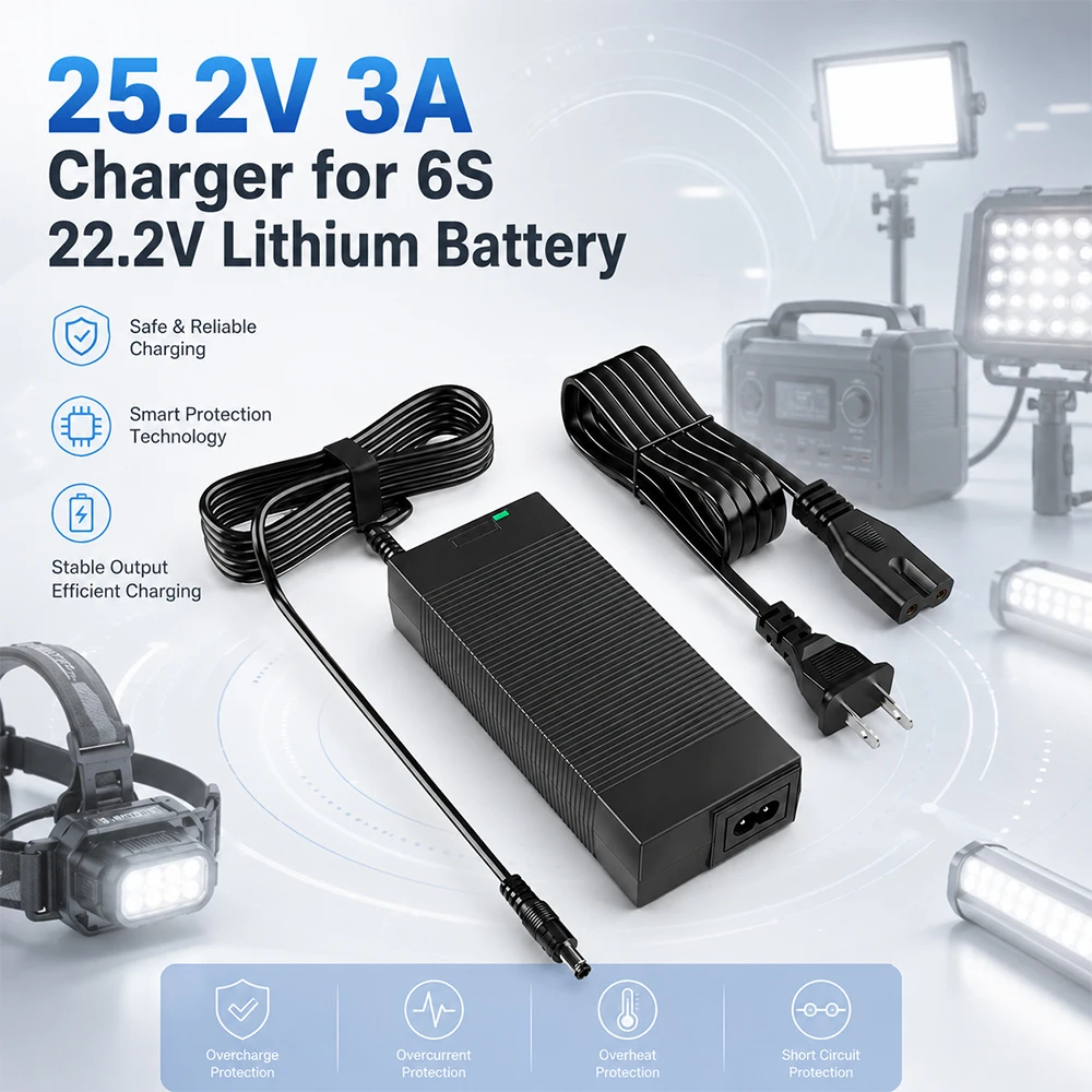25.2V 3A Fast Charging Li-ion Charger Adapter with Multi-Level Protections 100-240V Input Rechargeable Lithium Battery Pack
