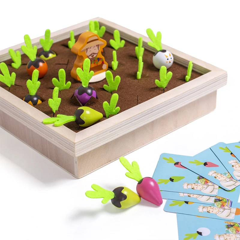 Juguete de cosecha de zanahorias divertido de madera, juegos de memoria, forma de rábano, clasificación de colores a juego, juguetes educativos de madera para niños pequeños