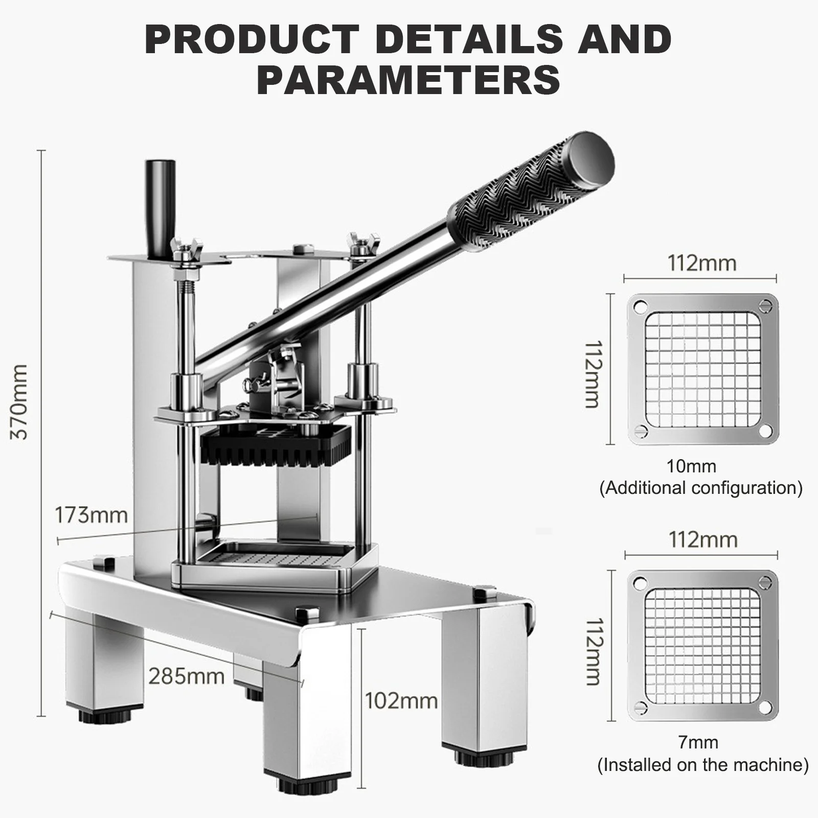 Vertikaler Pommes-Frites-Schneider aus Edelstahl, Manueller Kartoffelschneider, Professioneller Lebensmittelwürfelschneider, Gemüseschneider mit 7/10mm Klingen für Kartoffeln, Karotten, Zwiebeln, Küchenwerkzeug – Detail 10