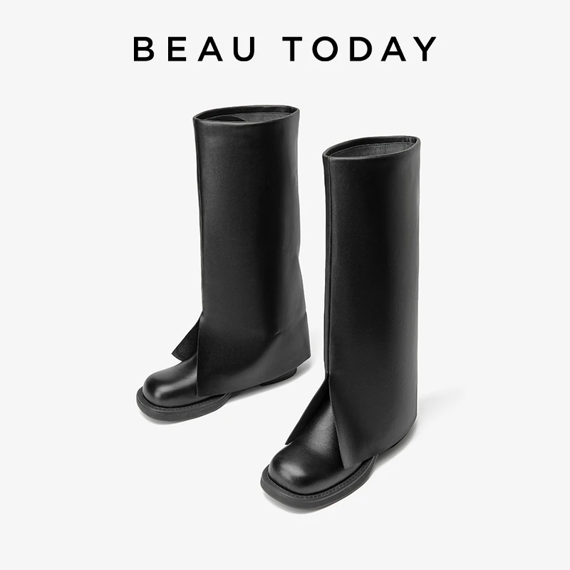 BEAUTODAY Tube Boots Women Genuine Cow Leather Solid Color Slip-on Round Toe Thick-Soled Ladies Shoes Handmade 01481