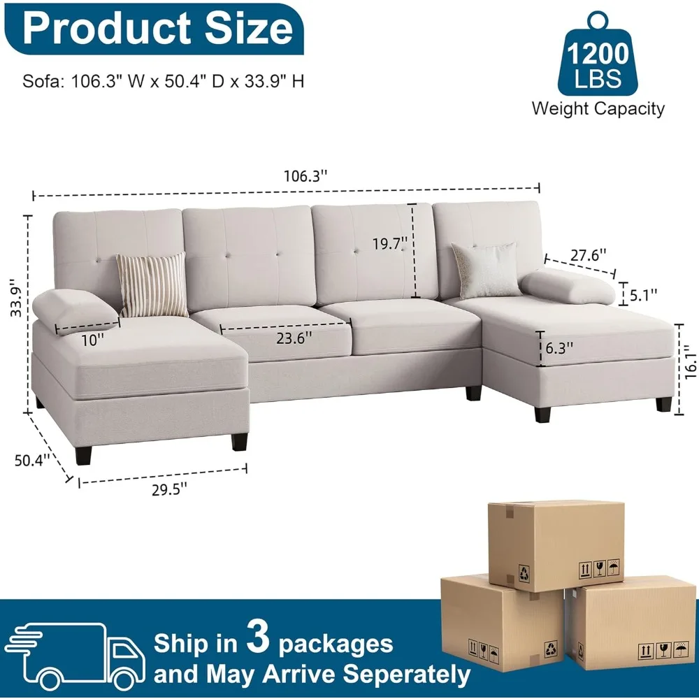 106” Sofa, Linen Fabric and Double Chair, Apartment Modern Living Room Furniture, 4-Seater U-Shaped Sofa, Combo Sofa Set