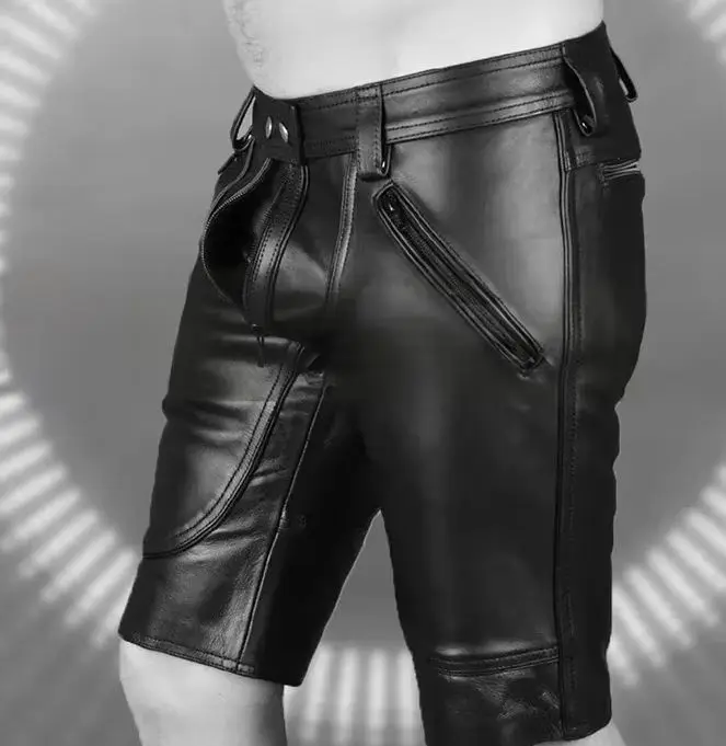 

Men's Sexy Exotic Open Crotch Low Waist Zip Black Matte Faux Leather Shorts with Pocket Man Chic PU Shorts Support Custom