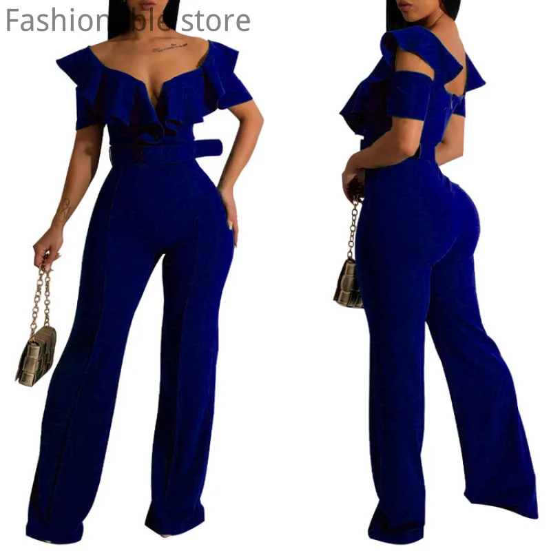 Women V-Neck Ruffles Short Sleeve Straight Jumpsuit With Belt