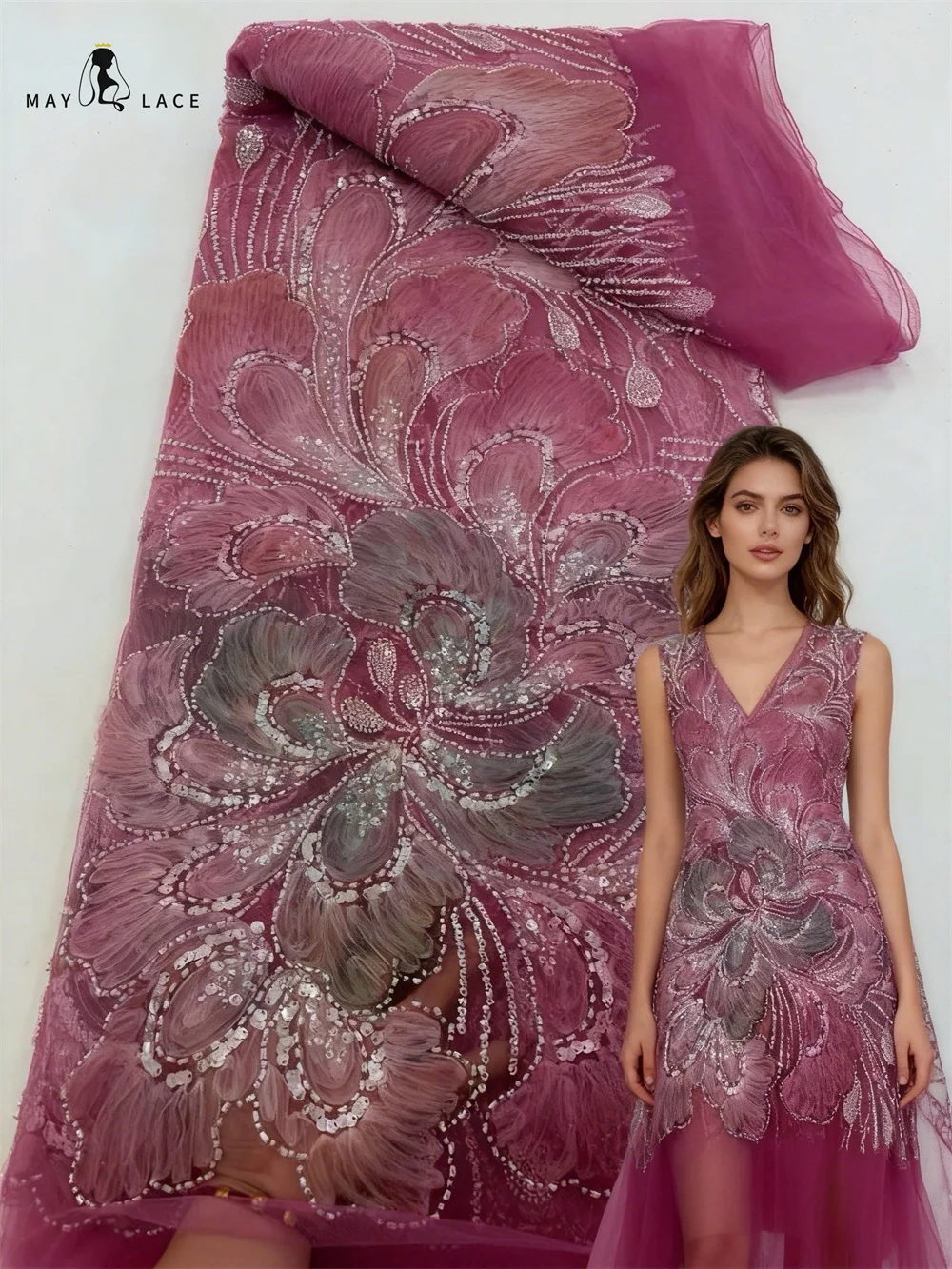 

Luxury African Lace Fabric 2026 5 Yards Chiffon Lace Beaded Tulle Lace Fabric Embroidered Nigerian Fabric for Wedding Dress Sew