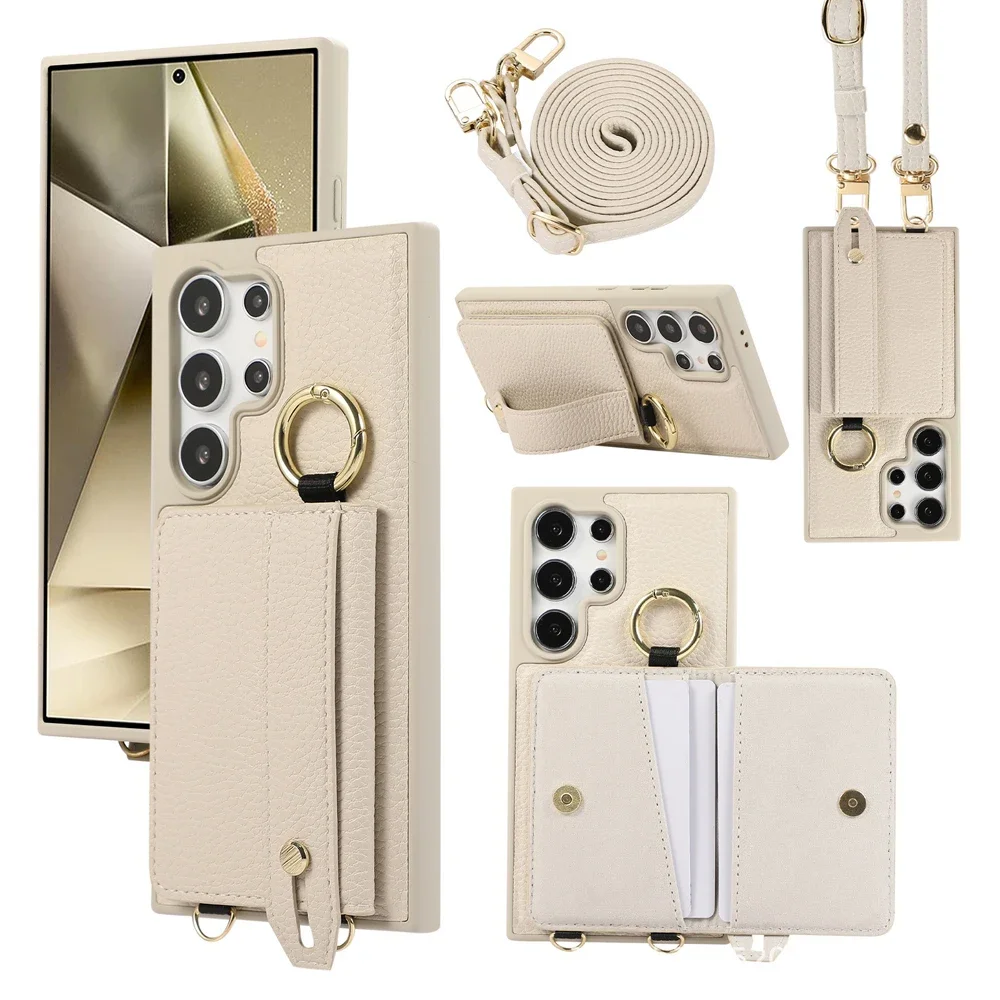 

Кожаный чехол-кошелек через плечо с держателем для карт для Samsung Galaxy S25 Ultra S24 FE S23 S22 Plus с ремешком на запястье