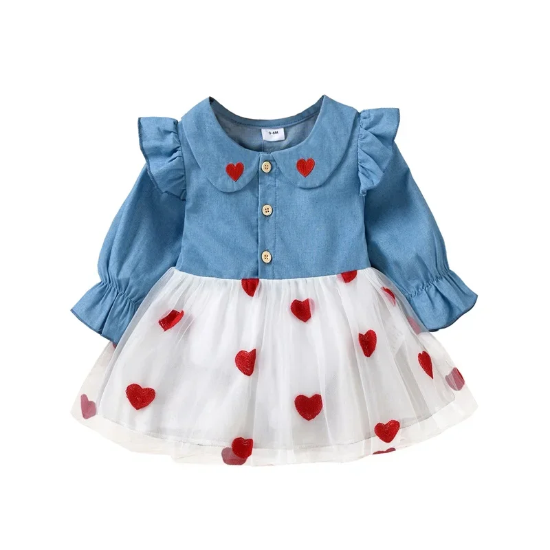 Infant Baby Girls Tulle Dress, Cute Long Sleeve Doll Collar Button Front Heart Denim Tops Tutu Gown 3M-3T