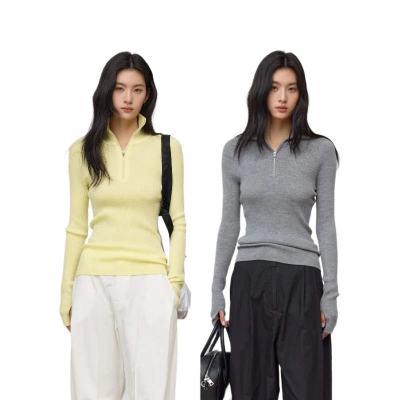 16-Pin German BY grade fine wool, thumb sleeve, half zipper collar, elastic slim-fitting and slim knitted bottoming shirt