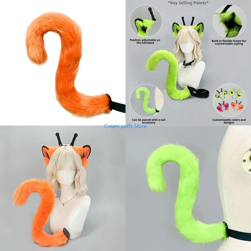 50LE Furry Faux Furs Cats Ears Headbands Foxes Tail Animal Cosplay Costume Plush Alien Creature Costume Accessory for Roleplay