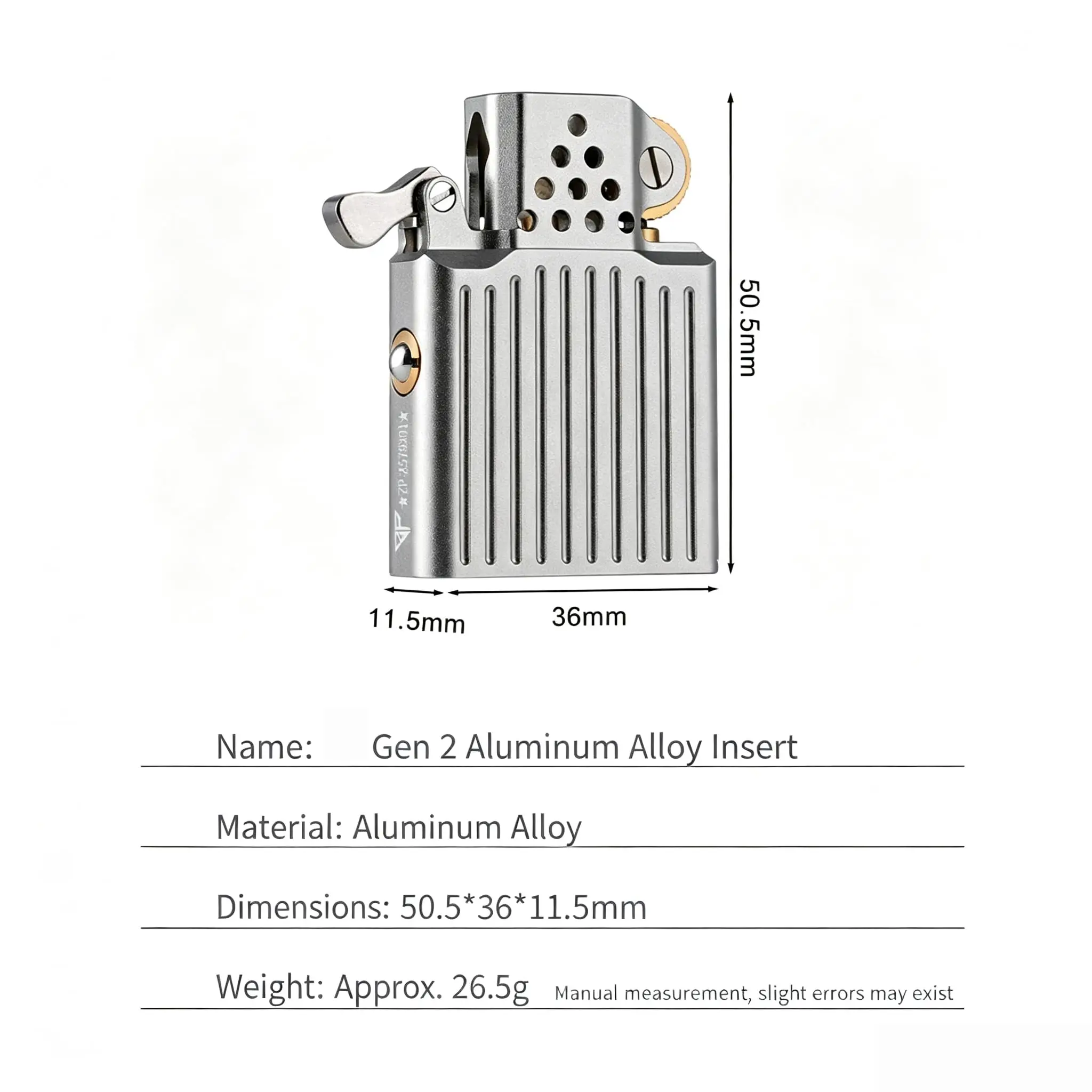 CNC Aluminum Alloy Lighter Insert, Compatible with ZP ZORRO Standard Cases, Comes with A Sealed Base and Anti-slip Ignition Core