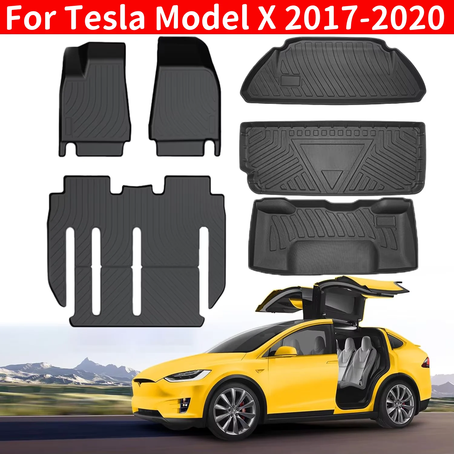 For Tesla Model X 2017-2020 5&6&7 Seats TPE Floor Mats, Full Set All Weather Waterproof Front Rear Cargo Liner and Trunk Mats