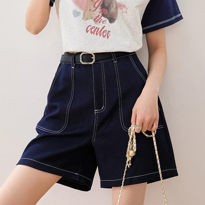 2024 Summer Denim Shorts Women Jeans Elegant Chic High Waist Loose Casual Deep Blue Cowboy Wide Leg Short Pants Female C3290