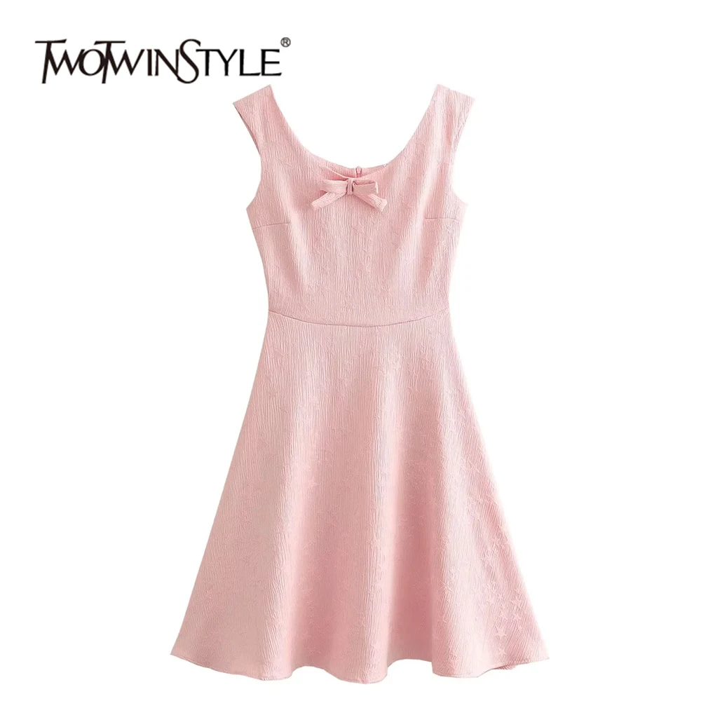 

TWOTWINSTYLE Solid Elegant Spliced Bowknot Dress For Women O Neck Sleeveless High Waist Sweet Mini Dresses Female New KDR507847