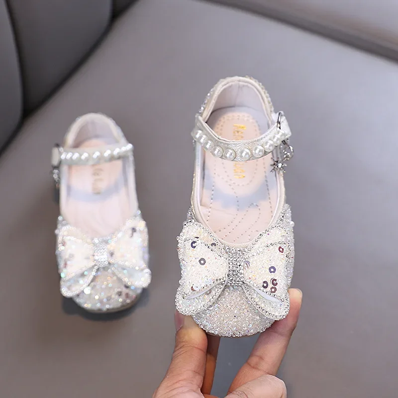 Girls Bowknot Dress Shoes Spring Autumn Children's Sequins Leather Shoes Shallow Princess Fashion Kids Causal Flats Versatile