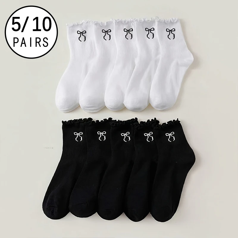 5/10 Double Four Seasons Women's Fashion Sweet And Cute Bow Print Versatile Solid Color Ear Edge Comfortable Lace Long Socks