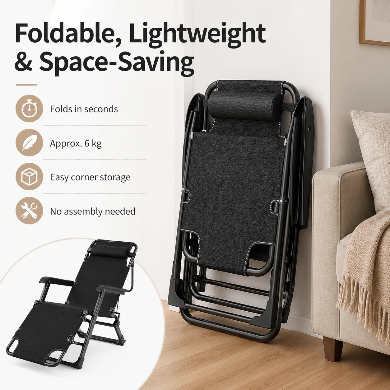 Folding Recliner Chair 180° Adjustable Lounge Chair Portable Nap Cot Wide Padded Camping Chair for Office Home Balcony