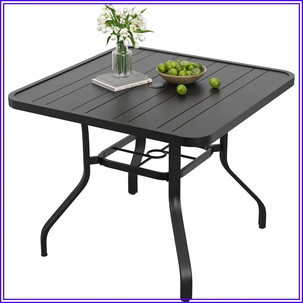 Square Outdoor Dining Table 35x35 with Umbrella Hole, Metal Patio Furniture for Backyard Poolside