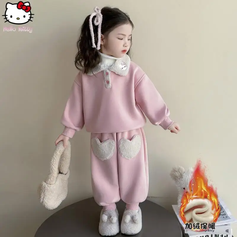 

Детский теплый свитшот с котенком из мультфильма, брюки, костюм Kawaii, осень-зима, аниме, новая утолщенная футболка для девочек, спортивный комплект из двух предметов