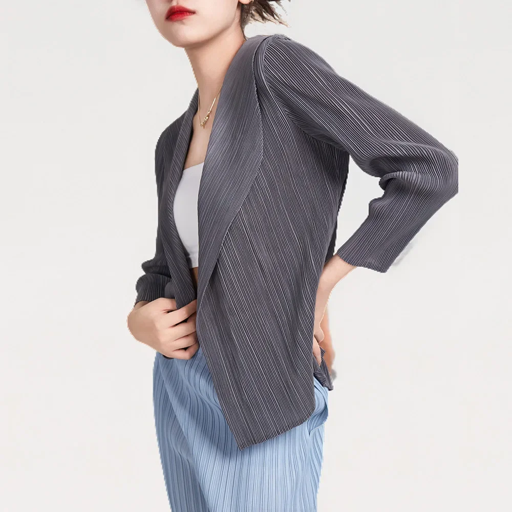 Miyake Pleated Short Jacket 2025 Spring Summer Women's Casual Tops Flap Collar Loose Shopping Peplum Cardigan Tunic Tops