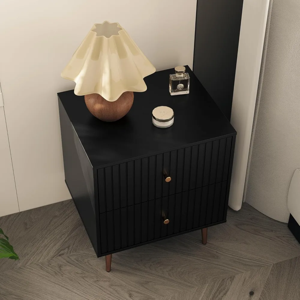 Zwarte nachtkastjes set van 2 personen, nachtkastje met opbergruimte met 2 lades, modern nachtkastje en bijzettafeltje van hout met rosé goud
