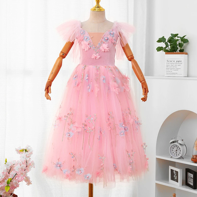 

New Pink Ballet Long Dress Children Dance Wear Performance Outfits Flower Swan Dance Costumes Clothes Ballet Leotards For Girls