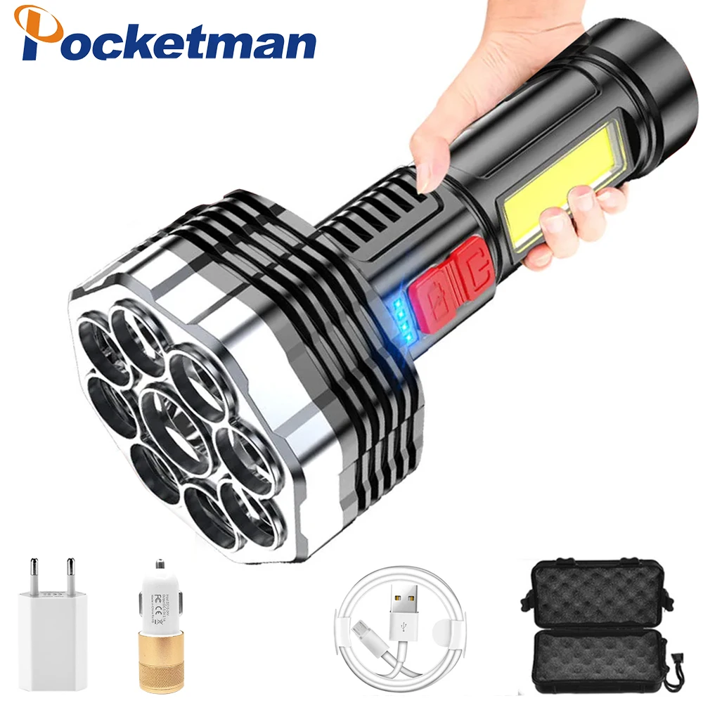 Super Bright 9LED+COB Flashlight 4 Modes Waterproof USB Rechargeable Torch Outdoor Fishing Camping Long Life build-in Battery