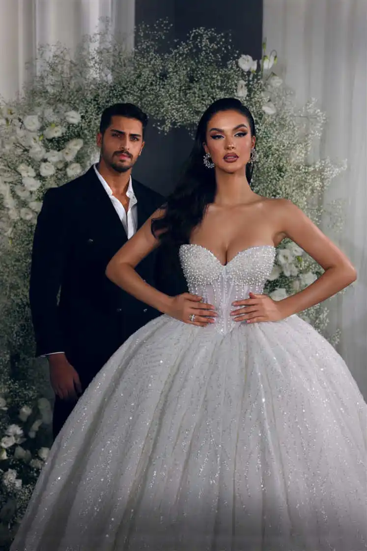 Vestido de novia lujoso sin tirantes con perlas, vestido de baile elegante con cuentas y lentejuelas, vestido de novia personalizado con tren de barrido, vestidos de novia