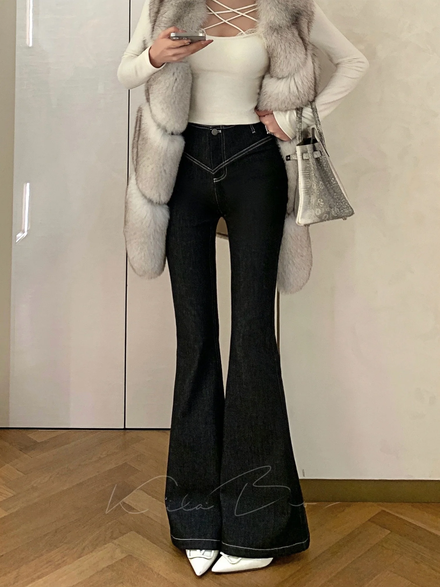 

Джинсы с высокой талией и расклешенными штанинами для женщин, облегающие, с декоративной строчкой, в стиле знаменитостей, повседневные, из высокоэластичного хлопка стрейч