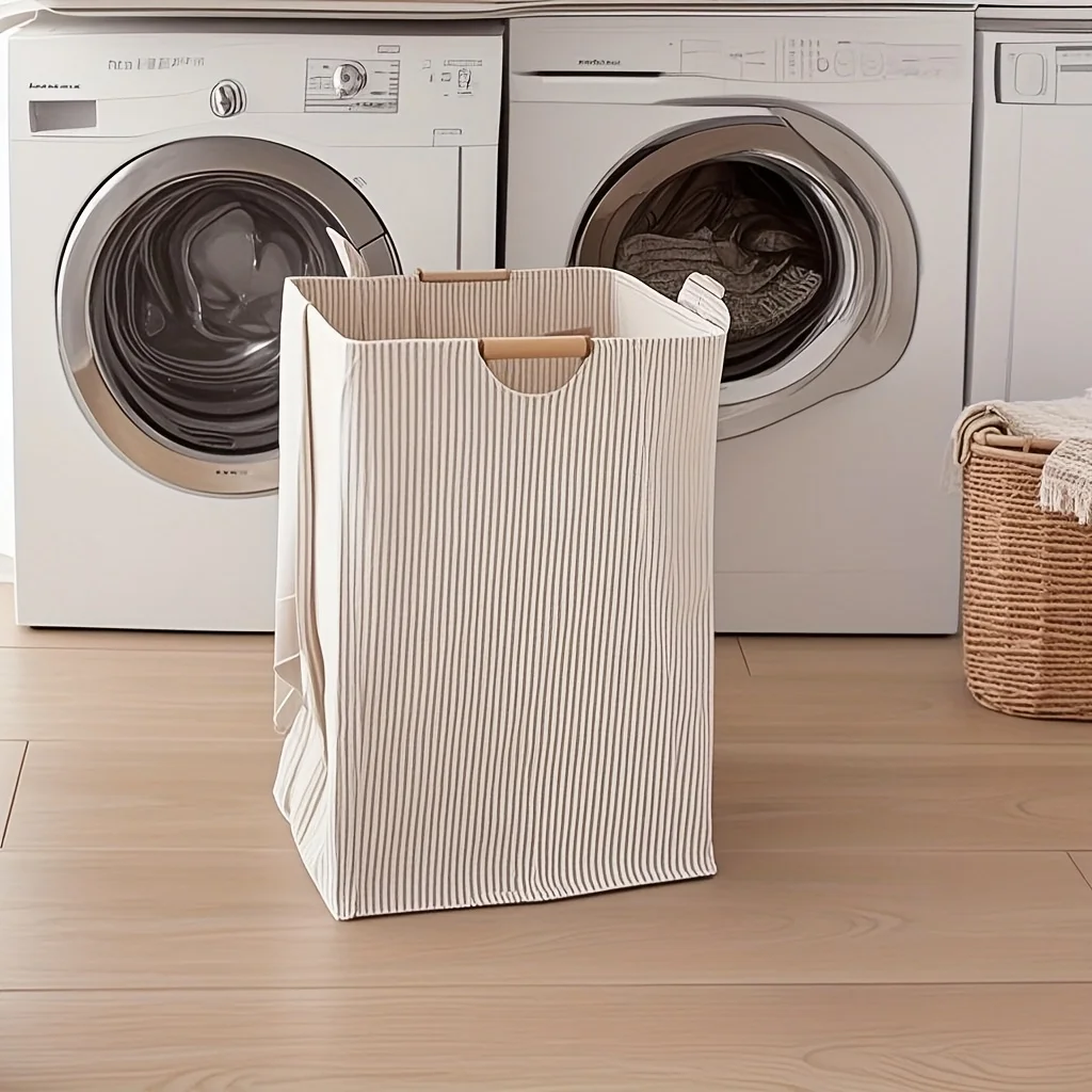 Zusammenklappbarer Wäschekorb mit Holzgriffen, Wäschekorb aus gestreiftem Stoff für schmutzige Kleidung, faltbarer Aufbewahrungsbehälter für Schlafzimmer