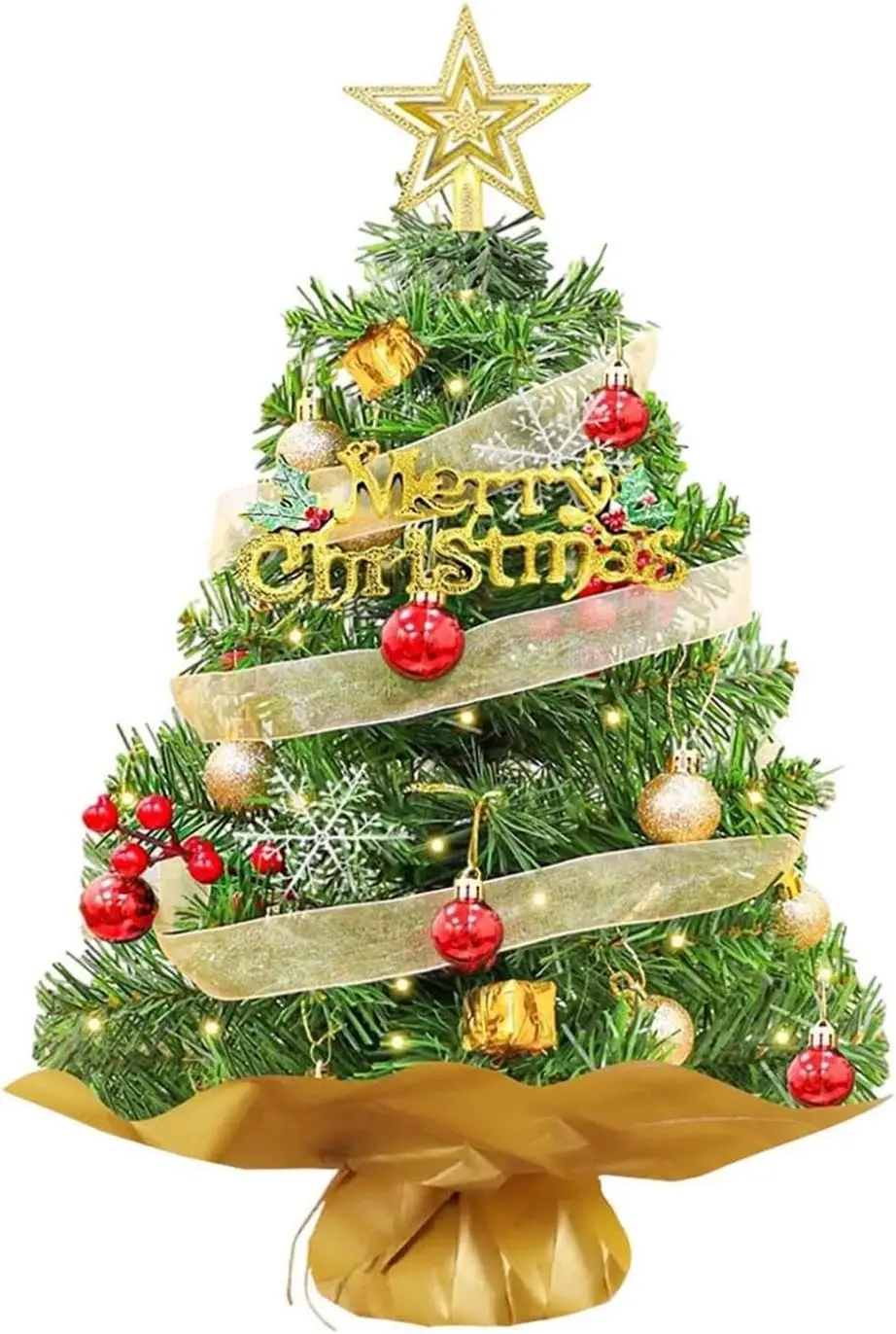 Tabletop Christmas Tree Set, Pre‑Decorated Desktop Xmas Tree with LED Lights, Star Tree Topper, Bauble Ornaments & Base Wrap
