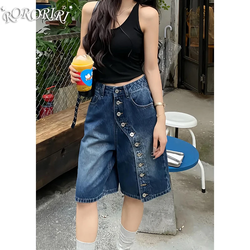 

RORORIRI Irregular Buttoned Denim Shorts Women Vintage Wash Do Old Low Waist Straight Wide Leg Bermuda Pants Y2k Summer Clothes