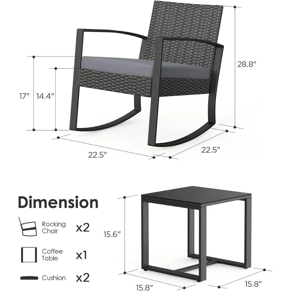 3-piece willow terrace furniture set, outdoor furniture with table and cushion, terrace chairs, balcony porch furniture, gray