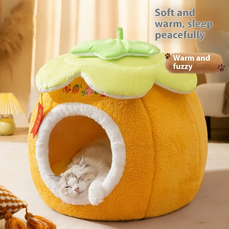 

Осенне-зимняя милая и забавная кровать для кошек с хурмой, плюшевая кровать для маленьких собак, теплый полузакрытый коврик для домашних животных, аксессуары для котят