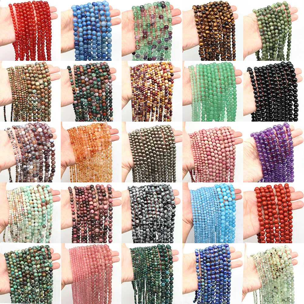 Natursteinperlen 4 6 8 10 mm Amethyst Rosenquarz Aquamarin Lava Achat Jade Kristallperle für Schmuckherstellung DIY Armband 15"