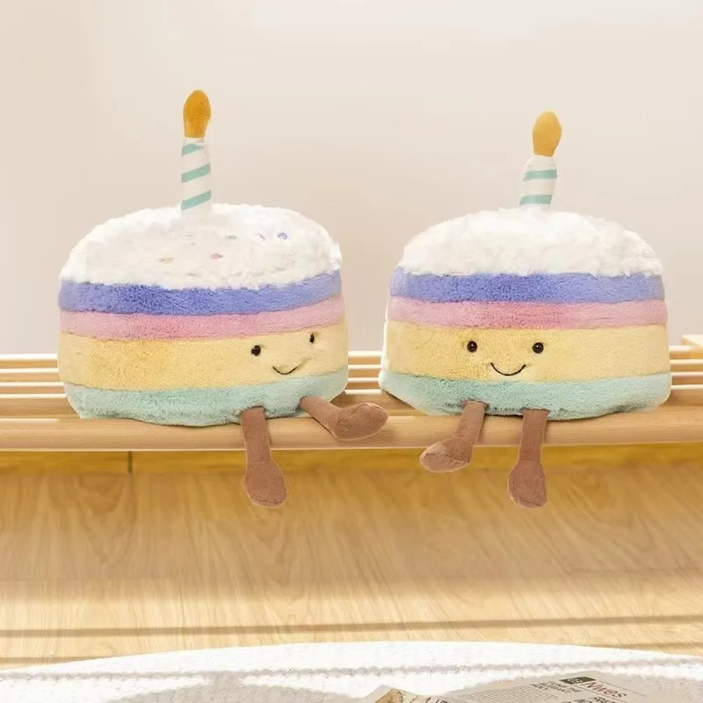 Peluche gâteau d'anniversaire en forme d'arc-en-ciel, jouet mignon en molleton moelleux de dessin animé, cadeau d'anniversaire, 25cm