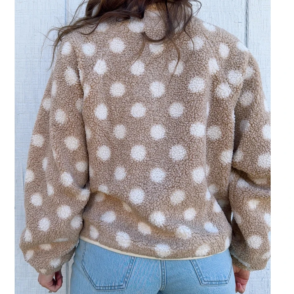 2025 Collection Womens Fall Winter Fleece Jacket Dot Pattern Long Sleeve Lapel Button Down Sherpa Coat
