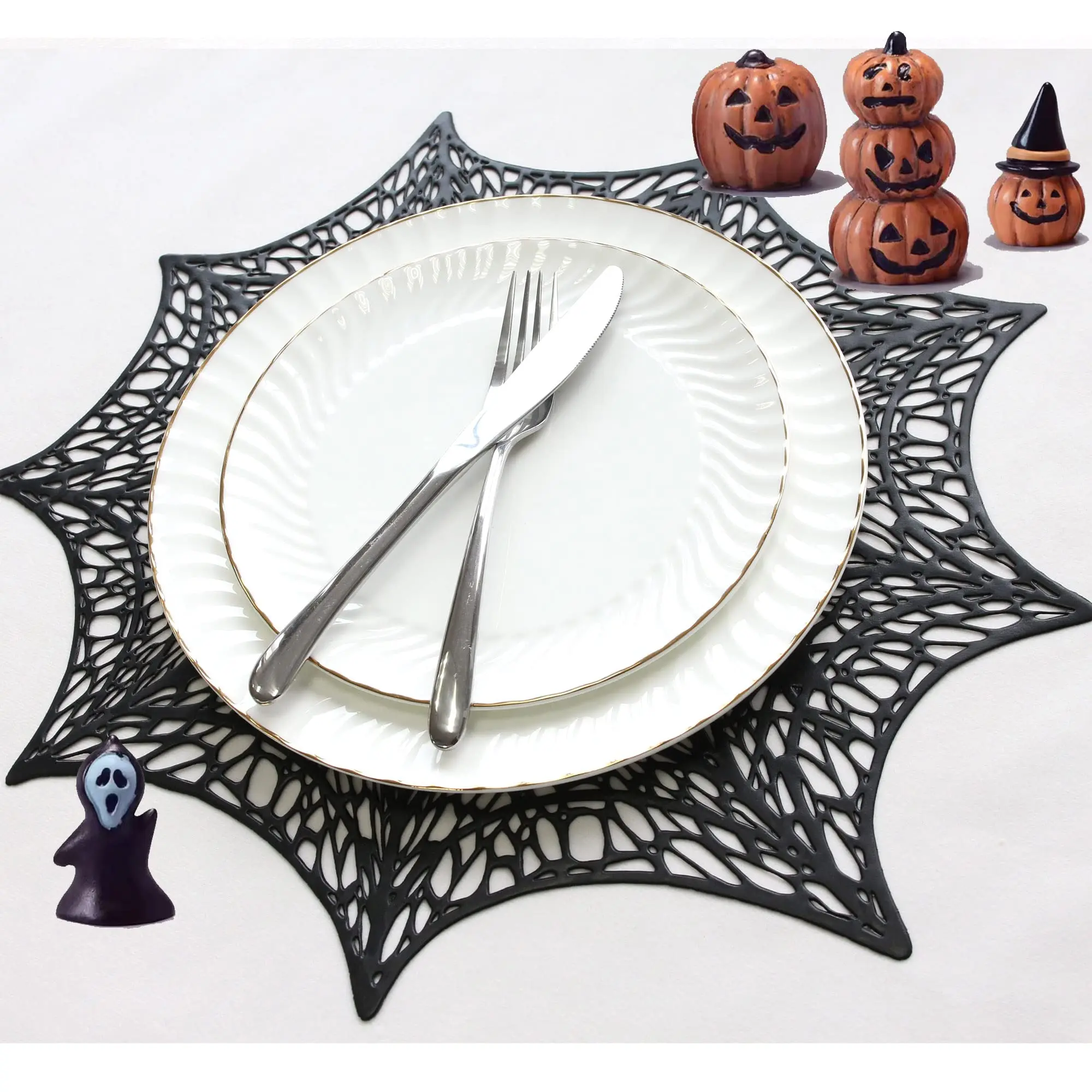 Vinyl Placemat Hollow Out Design, Set of 6, Functional Mat for Dining Table Durable Non-Slip, Halloween Black Spider Web