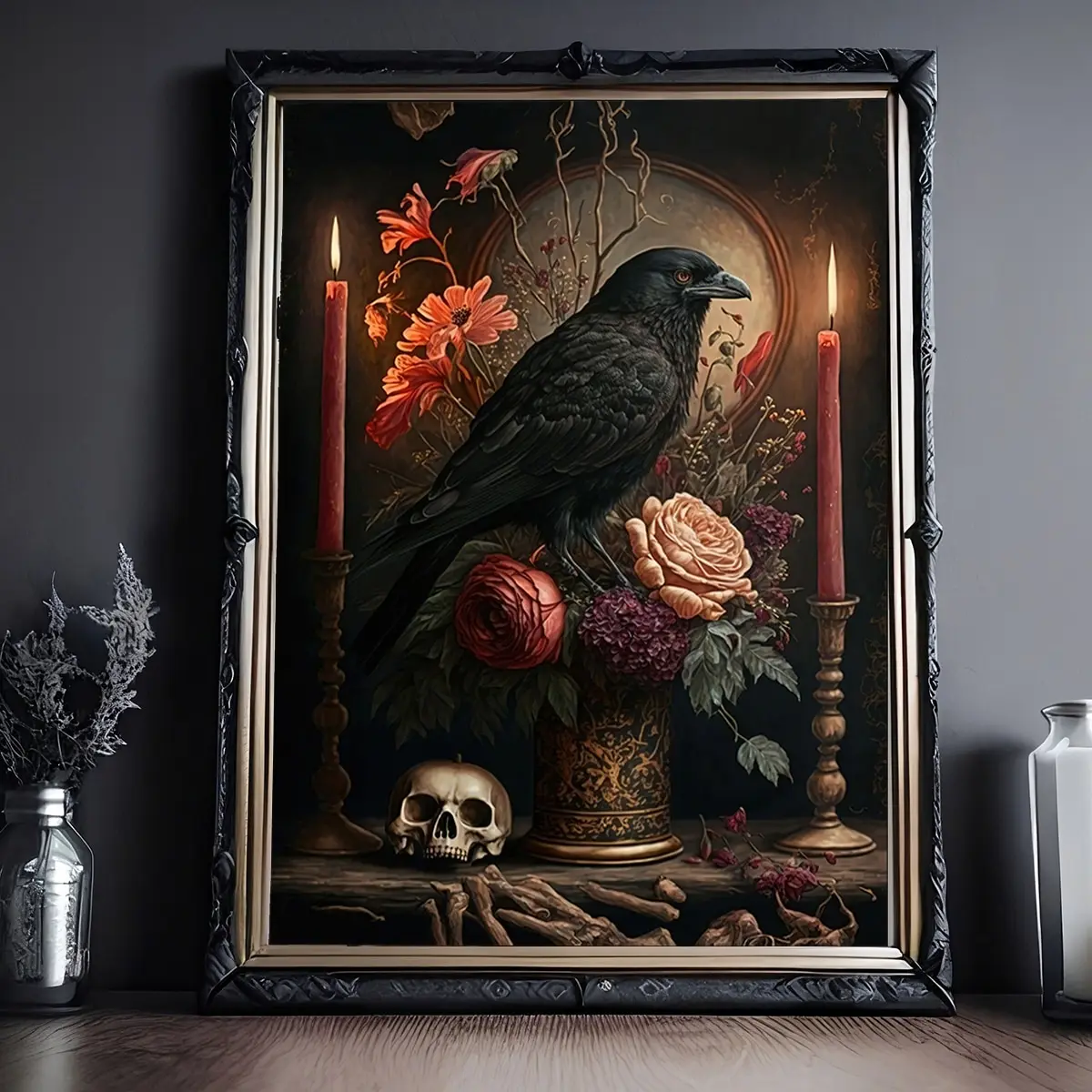 1 قطعة مجردة القوطية قماش جدار الفن |   جمجمة الغراب، طباعة الأزهار والشمعة، بدون إطار |   ديكور مثالي للمنزل #4