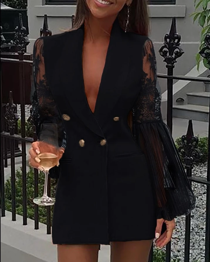 

Women Elegant Dress 2024 Spring Summer Latest Crochet Lace Sheer Mesh Double Breasted Blazer Mini Dress Long Sleeve Short Skirt