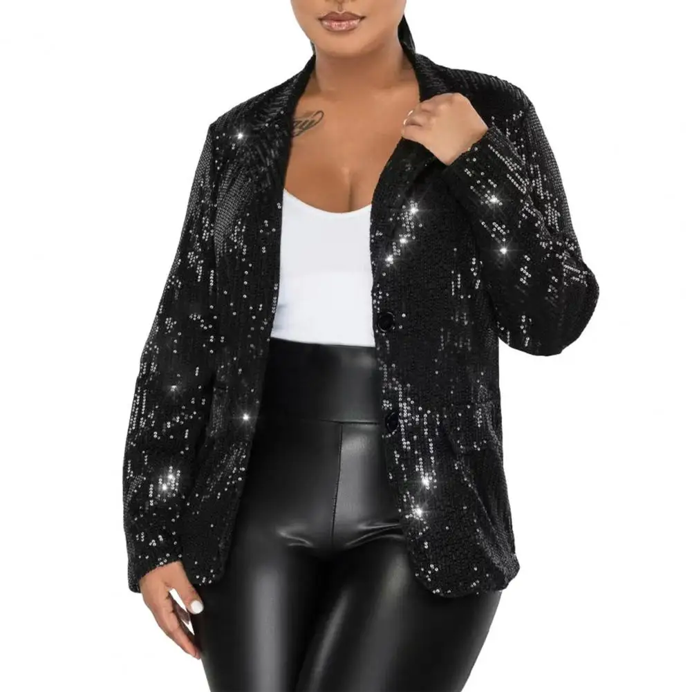 Abrigo de traje con lentejuelas para mujer, abrigo elegante con solapa y bolsillos con solapa y lentejuelas brillantes, un solo pecho, primavera