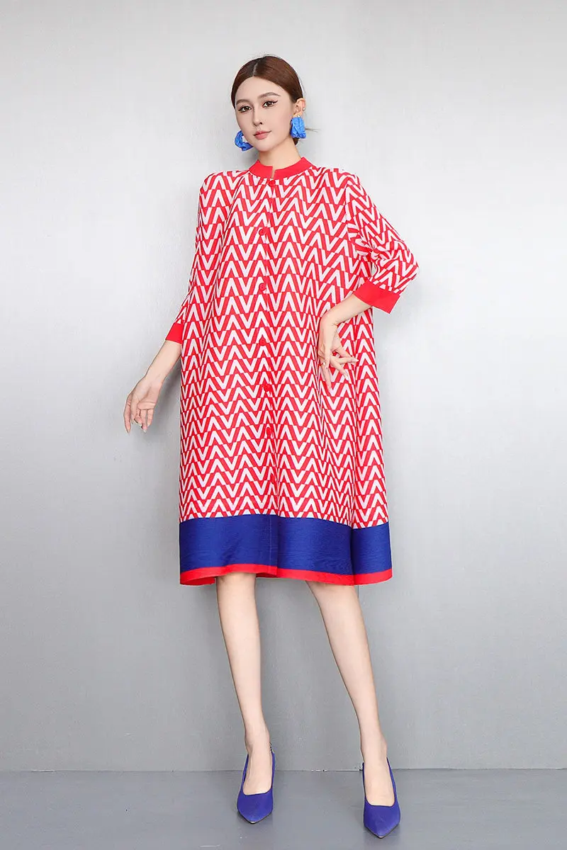 

2026 Summer New Elegant Vintage Geometric Pattern Loose Long Dress Women Long Sleeve Patchwork Dress Wholesale J2212