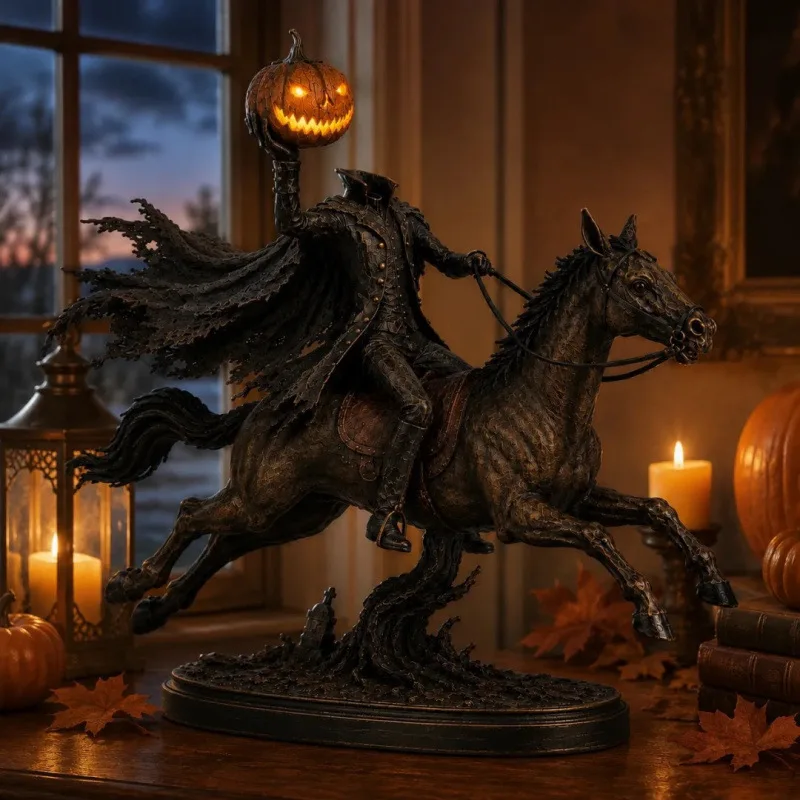2026 New Headless Horseman Statue Halloween Pumpkin‑Head Horse‑Rider Figurine Spooky Gothic Tabletop Halloween Home Decoration