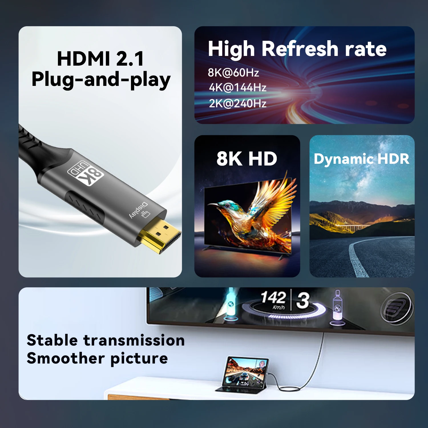 8K USB C HDMI 2.1 케이블 어댑터, 썬더볼트 3, 맥북 프로, 아이패드 프로 노트북과 호환 가능, 8K60Hz