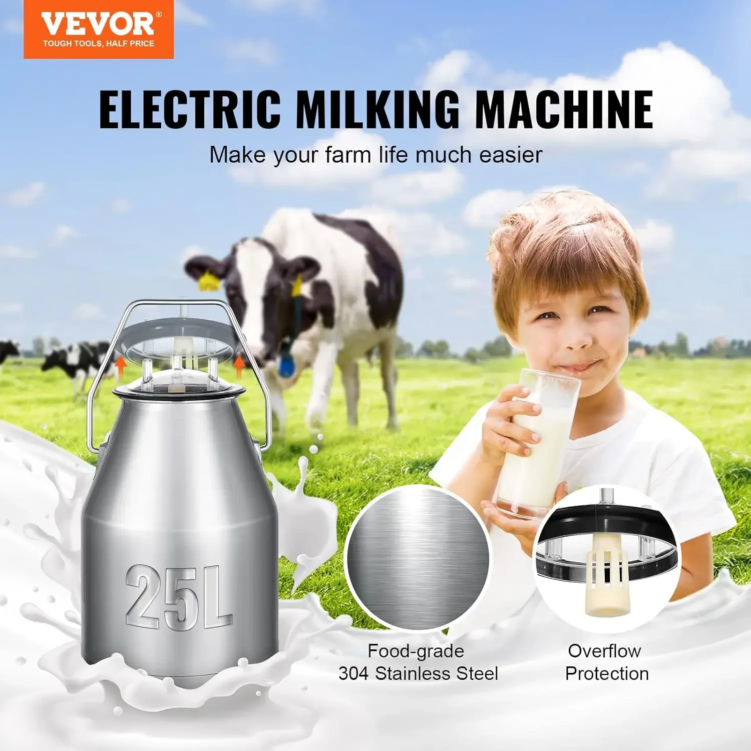 Electric Cow Milking Machine, 6.6 Gal / 25 L 304 Stainless Steel Bucket, Automatic Pulsation Vacuum Milker, Portable Milke