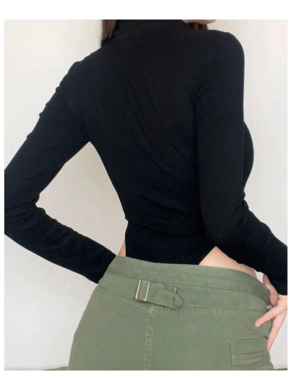 Hot Sweet Sexi ครึ่งซิปบอดี้สูทแขนยาวฤดูใบไม้ร่วง Y2K อินเทรนด์ Onesie Rompers สาว Cool Skinny Playsuit Vintage สีดําผอม