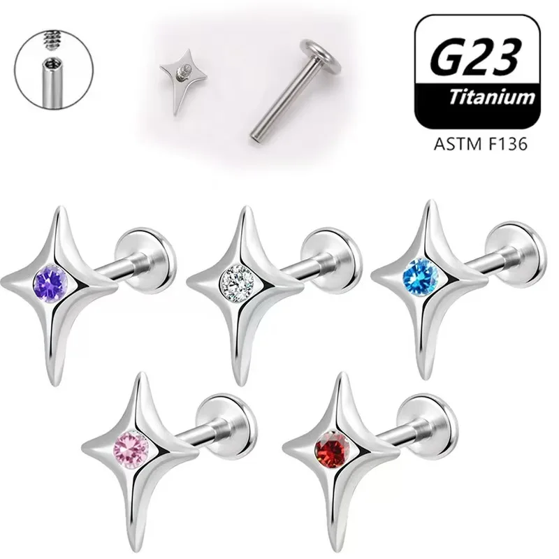 

ASTM F136 Titanium with Zircon Four-Pointed Star Cartilage Earring Piercing Helix Tragus Stud Flatback Labret Nose Stud Piercing