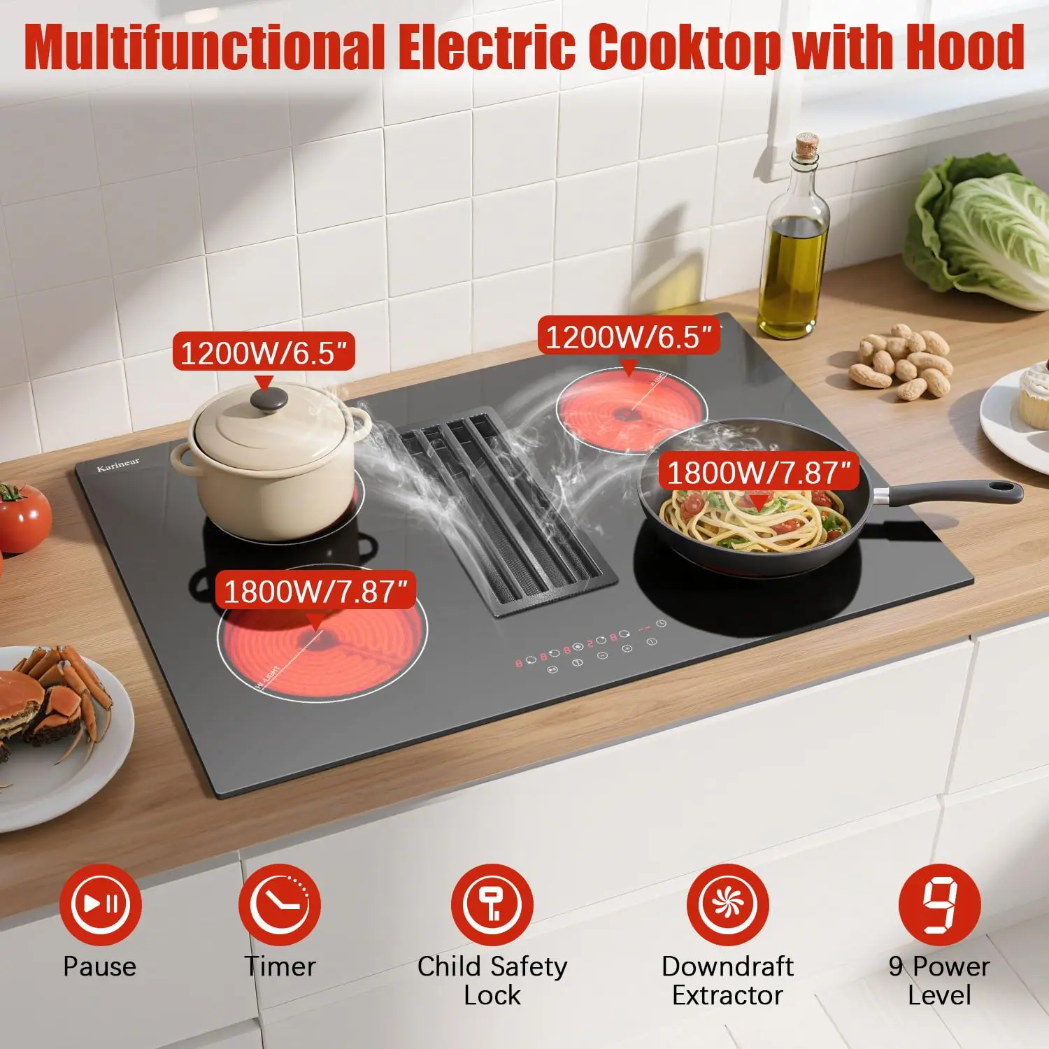 موقد كهربائي 30 بوصة مع شفاط نطاق سفلي، 4 شعلات، سلك صلب 240 فولت، 9 مستويات طاقة، مؤقت، مروحة عادم 3 سرعات