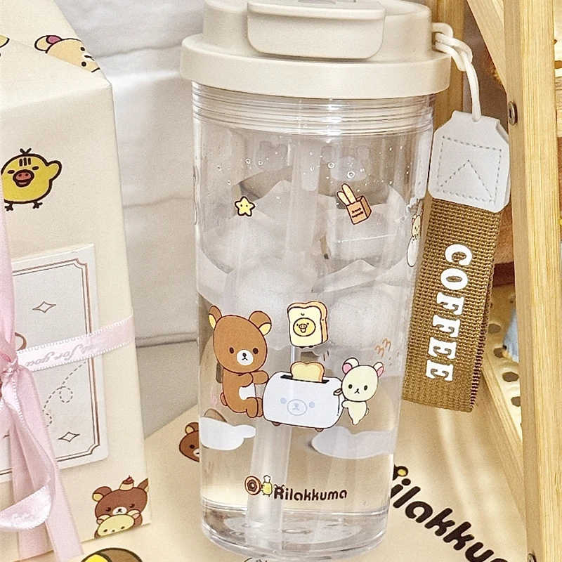 

Rilakkuma Plastic Straw Cup High Aesthetic Double Mouthed Water Cup Student Portable Cup Ins Gift Japanese Fashion Travel Cup