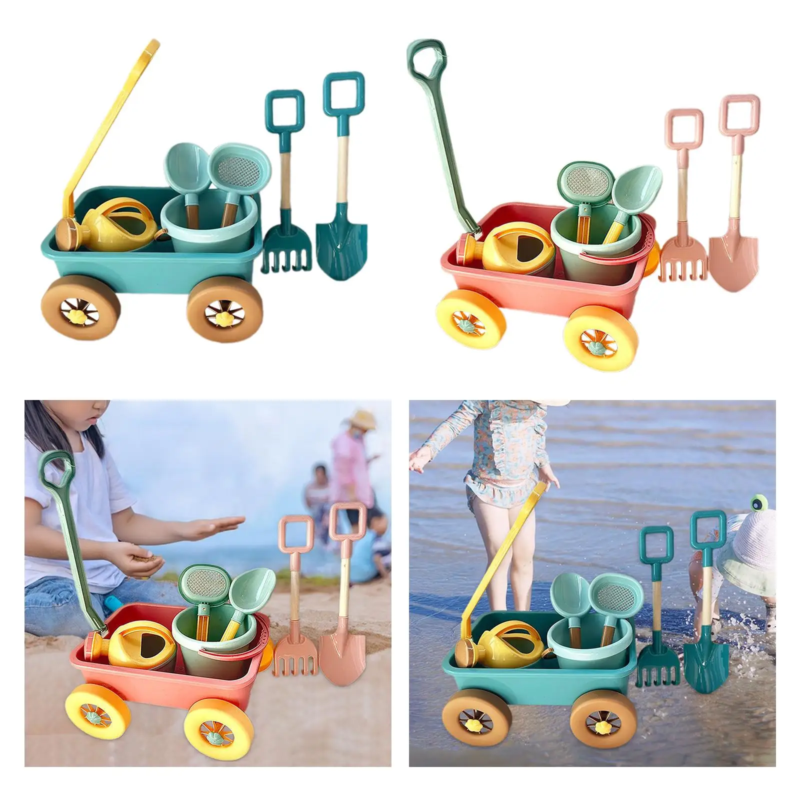 Kids Sand Wagon Toy Vehicle with Water Pail Tool Kit for Beach Travel and Garden Play